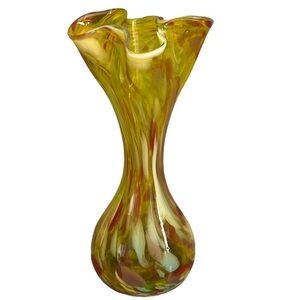 Vintage Kreiss Hand Blown Glass Bud Spatter Handkerchief Vase  Ruffled 7.5"